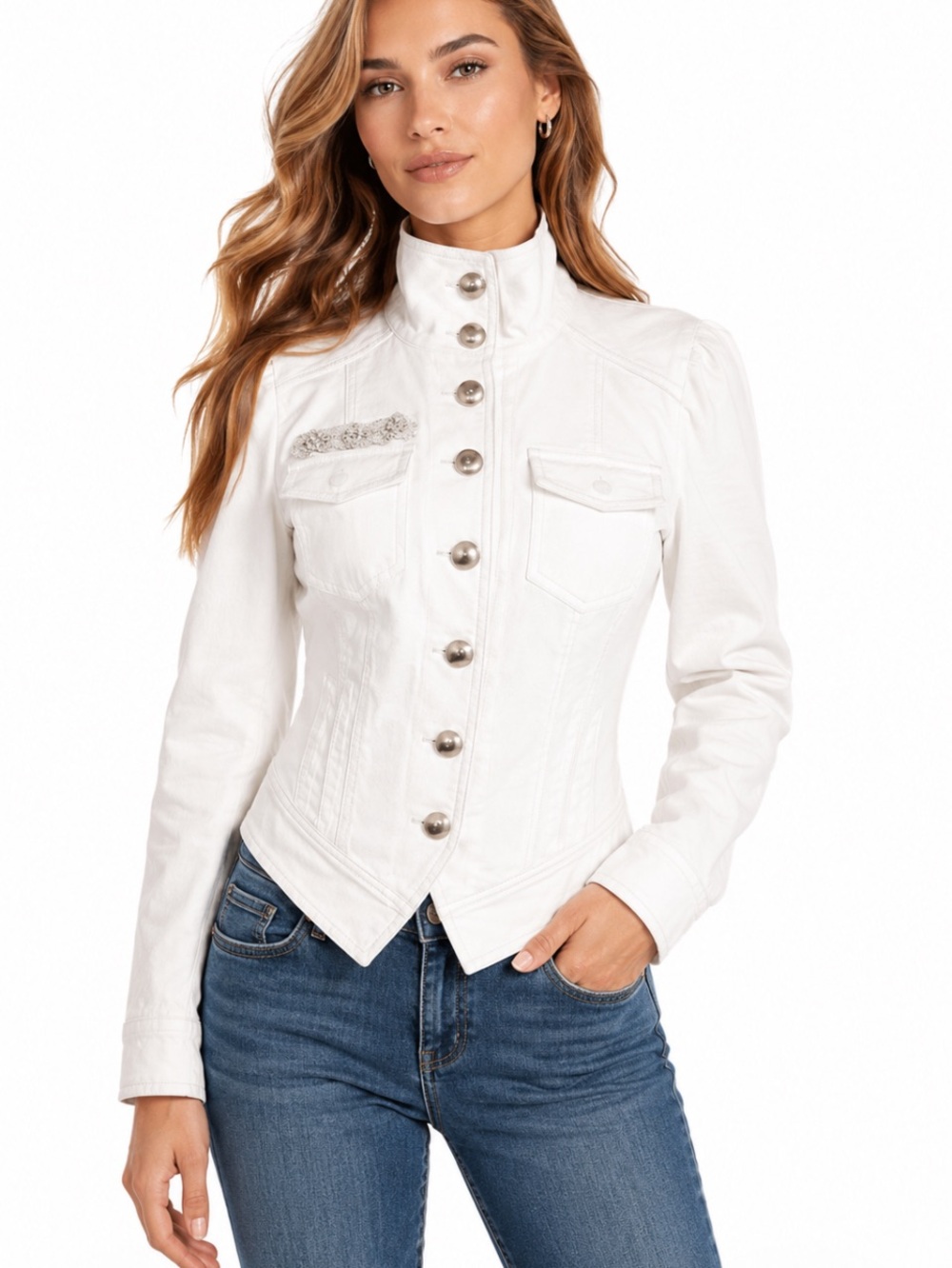 WHITE HOUSE BLACK MARKET  White Military Style Silver Button Jean Jacket Sz 6